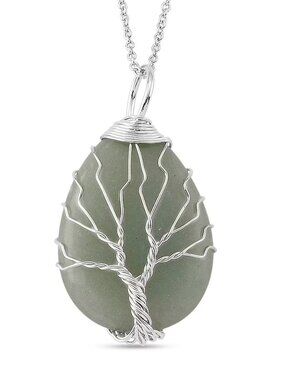Green Aventurine 48.00 ctw Pendant in Silvertone & Stainless Steel 20 in Chain